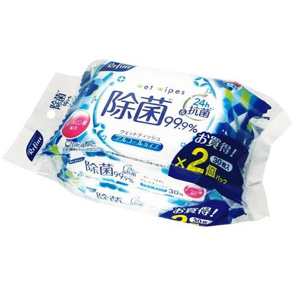 【リファイン】アルコール除菌おでかけウェットティッシュ 24ｈ抗菌 30枚入×2・Τ